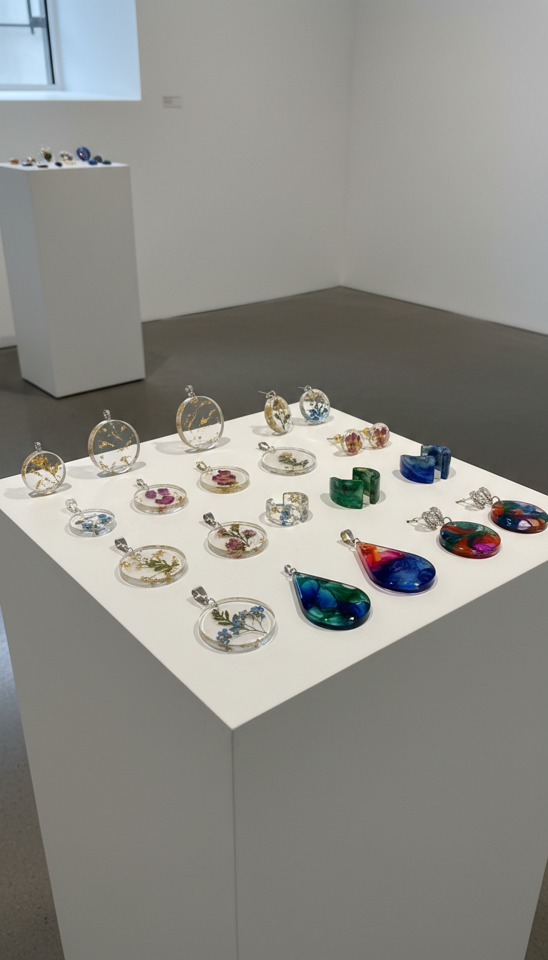 A collection of handcrafted resin jewelry displayed elegantly on a clean matte-white pedestal table. Each piece is meticulously detailed—transparent pendants with swirling gold leaf, rings encasing miniature botanicals, and vibrant, marbled earrings. The setting is a minimalist art gallery space with soft, diffused natural daylight flooding in from unseen windows, creating subtle highlights and gentle reflections on the glossy resin surfaces. The atmosphere is curated and sophisticated, enhancing the artisanal quality of the jewelry. The composition is shot from a slightly elevated angle, emphasizing the range and detail of each piece, with a sharp focus throughout and a crisp, modern portfolio style.