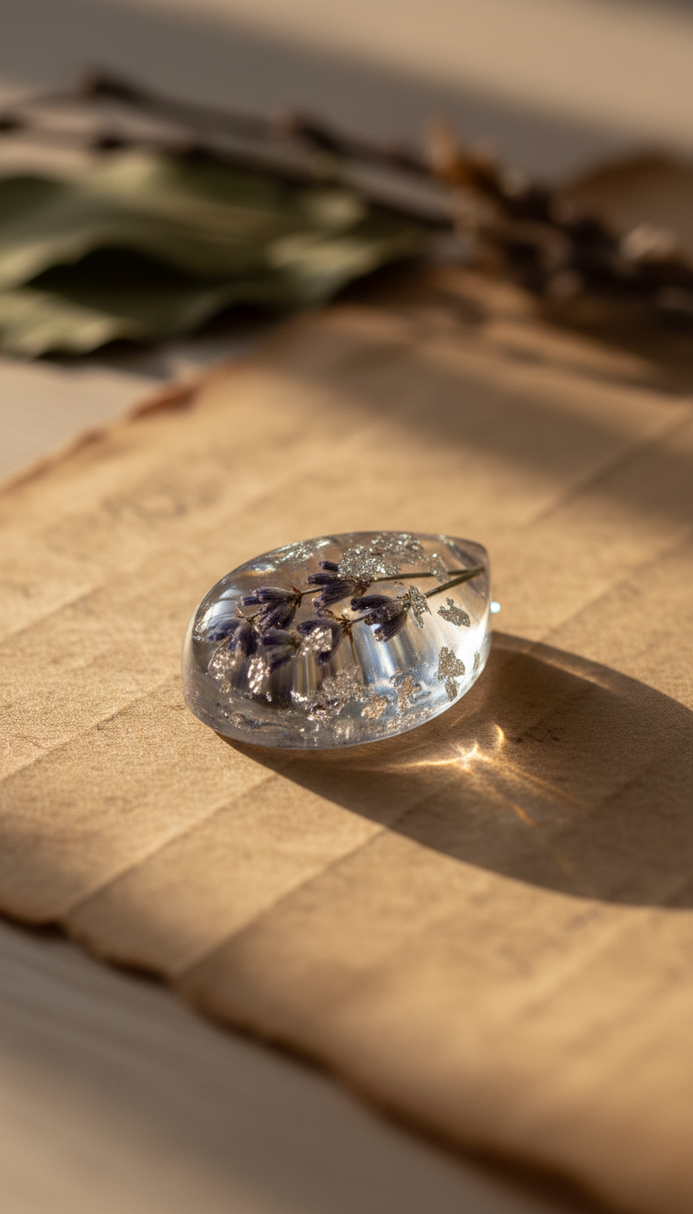 A close-up of a translucent resin necklace pendant embedded with delicate dried lavender flowers and flecks of shimmery silver, resting atop a piece of textured parchment paper. The lighting consists of soft, warm afternoon sunlight streaming sideways across the scene, producing gentle, elongated shadows and glistening highlights on the pendant’s smooth contours. The mood is serene and organic, celebrating natural beauty through handcrafted artistry. The composition is intimate, captured from a low, tight angle with a shallow depth of field to spotlight the pendant’s fine details. The artistic style is clean, modern, and subtly botanical, serving as a striking portfolio showcase.